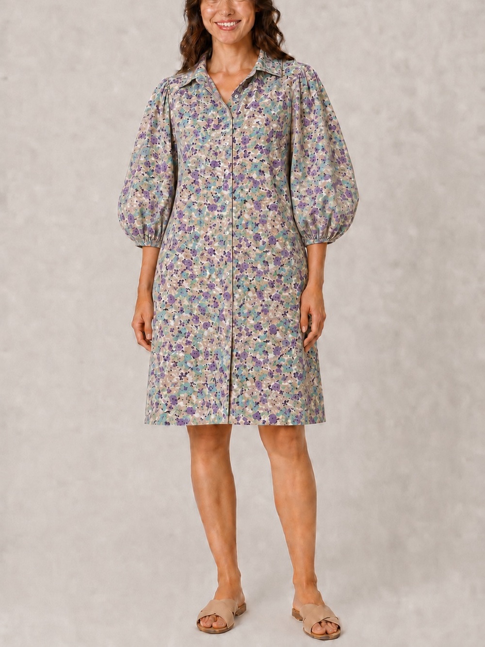 STITCHDROP Womens Shirt Dress Size M Floral Button Front Puff Sleeve Pastel